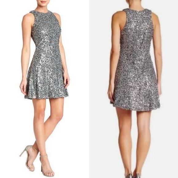 Dress the Population Silver Sequin Mia Mini Flare Dress - Picture 1 of 9